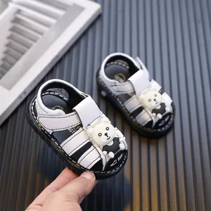 Summer baby boys' white and black sandals with cartoon bear and soft anti-slip soles