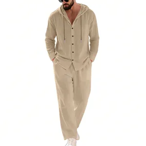 Full view of men's beige linen hooded shirt and straight trousers beach holiday set