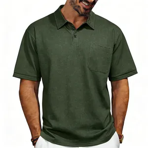 Classic men's olive green polo shirt with vintage texture and a functional chest pocket
