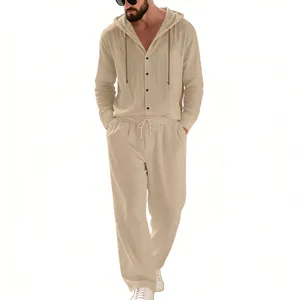 Men's beige linen set showing hooded shirt with buttons and matching straight trousers