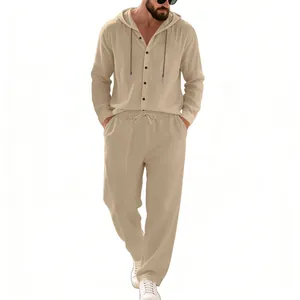 Men's khaki linen two-piece set featuring a hooded button shirt and casual pants.