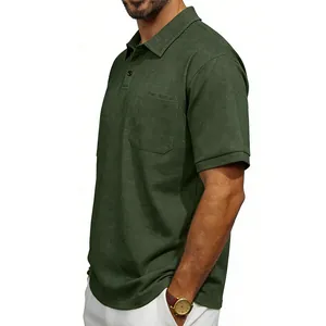 Side view of a men's olive green distressed polo shirt with a functional chest pocket.