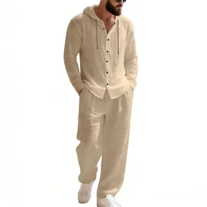 Men's beige linen two-piece set featuring hooded long sleeve shirt and straight pants