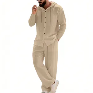 Stylish men's beige linen 2-piece set featuring hooded button shirt and straight pants