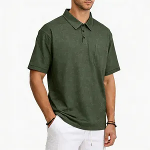 Detailed view of men's vintage-washed olive green polo shirt with chest pocket
