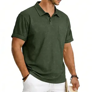 Close-up of vintage men's olive green washed polo shirt with functional chest pocket detail