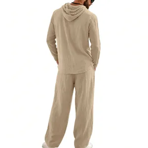 Detailed back view of a beige men's linen two-piece set with a hooded shirt and trousers.