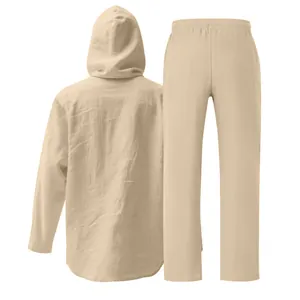 Detailed back view of men's beige linen leisure hooded shirt and straight-leg trousers set