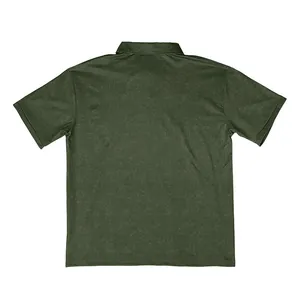 Back view of a men's vintage distressed dark green short sleeve polo shirt with textured fabric