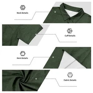 Detail view of men's distressed green polo shirt showing neck, cuff, hem, and fabric