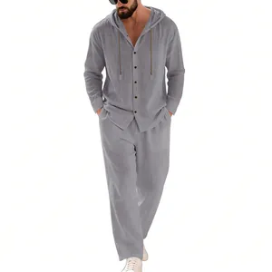 Men's grey linen casual two-piece set with hooded button-down shirt and straight pants
