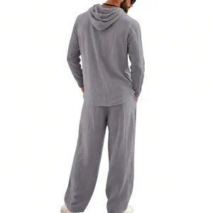 Detailed back view of men's gray linen leisure set with hooded shirt and long pants