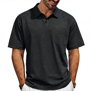Detailed view of men's vintage distressed polo shirt with pocket and washed texture