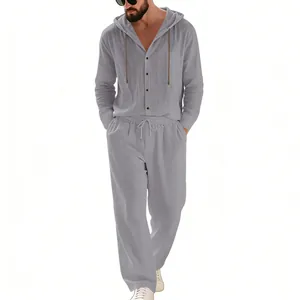 Men's grey linen casual hooded shirt and straight pants two-piece vacation set
