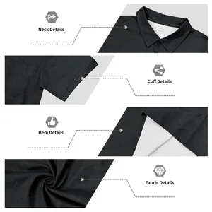 Detailed close-ups of black men's retro Polo shirt showing neck, cuff, hem, and fabric