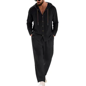 Men's casual linen two-piece set with hooded button-up shirt and straight pants in black