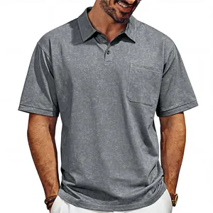 Close-up of gray distressed texture polo shirt with pocket and button collar detail