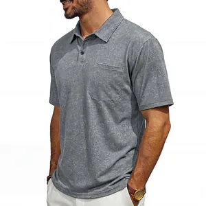 Side view showing the unique washed texture of a men's vintage grey polo shirt with pocket