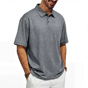 Detailed view of men's vintage grey acid-wash polo shirt with a single chest pocket