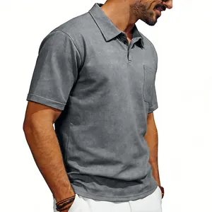 Side profile view showing the distressed texture and pocket of the grey men's Polo shirt.