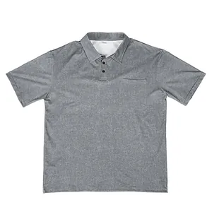 Detail shot of a men's distressed gray polo shirt with a functional chest pocket