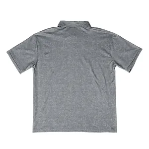 Back view of men's vintage distressed grey short sleeve polo shirt with textured fabric