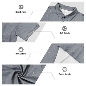 Close-up of distressed grey polo shirt neck, cuff, hem and fabric texture details