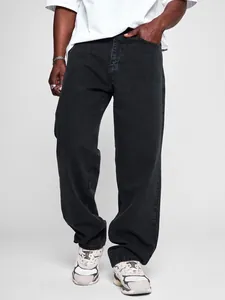 American High Street Men Loose Straight Washed Cotton Denim Jeans Fashion Casual Bottoms Full Length Trousers