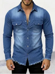Men Washed Polyester Denim Shirt Long Sleeve Retro Street Style Snap Button Frayed Hem Casual Shirt Top For Men Clothing