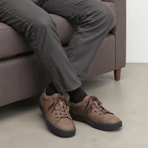 Primer plano de zapatillas casuales marrones para hombre con pantalones grises.