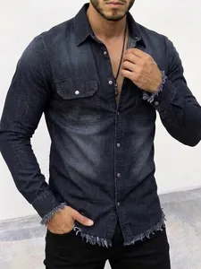 Detail view of men's distressed washed denim shirt with raw edge hems and snap buttons