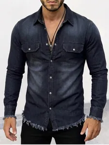 Close-up detail of a men's washed denim shirt with unique raw hem and vintage snap buttons