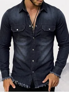 Men's long-sleeve washed denim shirt with distressed frayed hem and snap buttons design