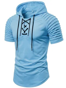 Herren Casual Polyester Kurzarm Hoodie Mit Plissierten Ärmeln Schnürung Vorne Kapuzenoberteil Streetwear Sport Sweatshirt