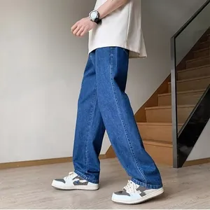 Loose fit straight-leg men's blue jeans in casual high-street style