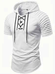 Stylischer weißer Herren Kurzarm-Kapuzenpullover mit Faltenärmeln und Schnürung