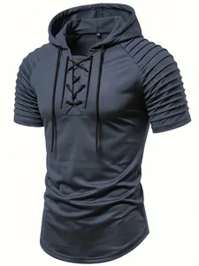 Kurzarm-Kapuzenpullover für Herren mit Plissée-Ärmeln und Schnürung an der Brust