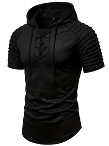 Herren Gothic Freizeit-Hoodie Kurzarm mit plissierten Ärmeln und Schnür-Ausschnitt Design