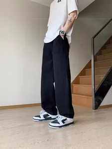 Men's high street black wide-leg jeans, loose straight fit denim pants for summer.