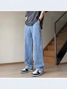 Men's high street style loose straight-leg jeans in light blue washed denim fabric