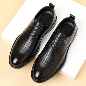 Breathable black leather dress shoes for formal business or wedding occasions