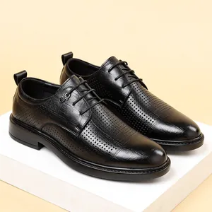 Premium breathable black leather men's business dress shoes with perforated texture