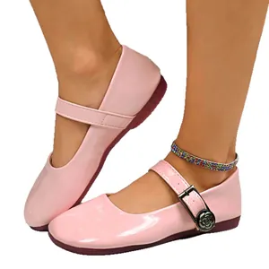 Elegant pink patent leather Mary Jane flats for women with floral buckle detail