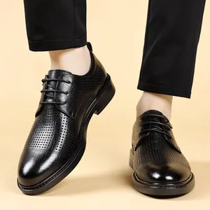 Men's black breathable formal leather shoes with perforated design for business and wedding