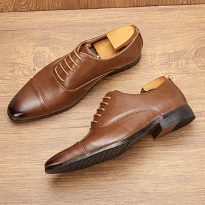 Men Classic Oxford Shoes High-End British Style Formal Business Dress Shoes Comfortable Lace-Up PU Leather Cap-Toe Burnished Retro Office Footwear