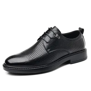 Men's black breathable perforated business leather dress shoes on white background