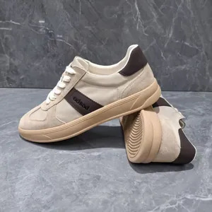 Premium men's leather and fabric patchwork casual sneakers in beige and brown tones