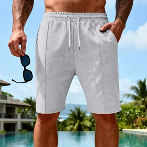 Détail du short en maille gaufrée grise pour hommes avec taille élastique à cordon