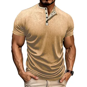 Macro detail of men's ribbed khaki short-sleeve Henley T-shirt with button collar