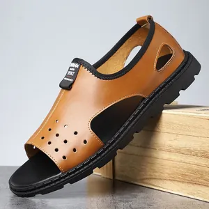 Men Casual Roman Beach Sandals Summer Hollow Out Breathable Open Toe Outdoor Sandals Microfiber Rubber Sole Non-Slip Shoes